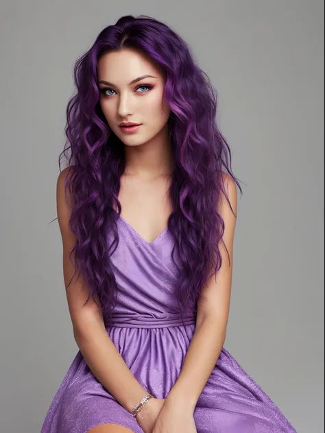 Woman with long, wavy purple hair, tanned skin, purple eyes and wearing a hot pink dress