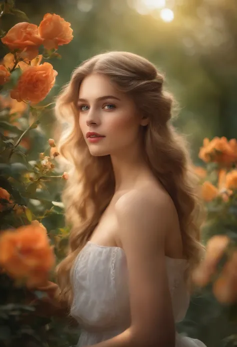 (a girl with) beautiful, innocent eyes, (she has) long eyelashes, (her) fair skin glowing, (her) hair flowing in the wind, (with) vibrant colors, (in a) dreamy garden, (surrounded by) blooming flowers, (creating a) serene atmosphere, (with) soft lighting, ...