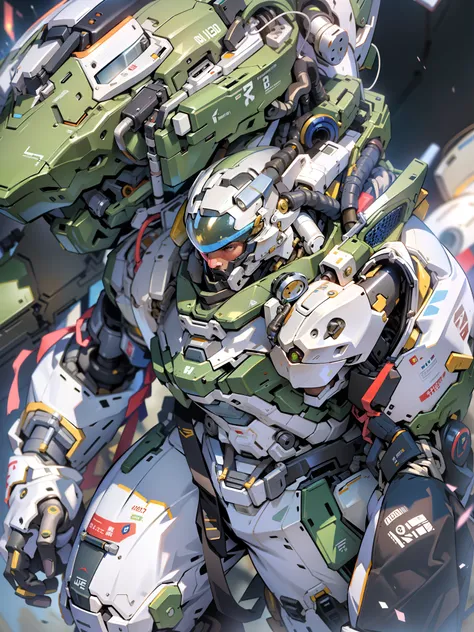 ((masterpiece)), ((best quality)), 8k, high detailed, ultra-detailed, mechanical buzz lightyear head, wearing astronaut mech clothing, astronaut helmet, bulky armor, massive weapon, samurai element, green and white color, big mecha robot