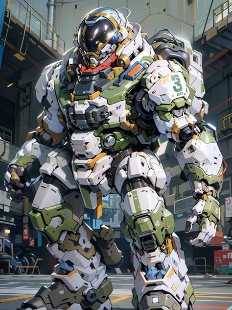 ((masterpiece)), ((best quality)), 8k, high detailed, ultra-detailed, mechanical buzz lightyear head, wearing astronaut mech clothing, astronaut helmet, bulky armor, massive weapon, samurai element, green and white color, big mecha robot