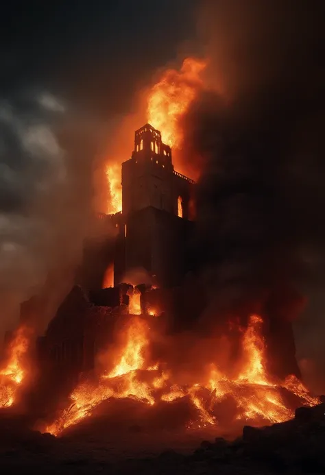 burning castle, fiery flames, crumbling walls, billowing smoke, intense heat, raging inferno, destruction and chaos, glowing embers, collapsing towers, scorched landscape, firefighters battling the blaze, sparks flying, ash-filled air, dramatic scene, dang...