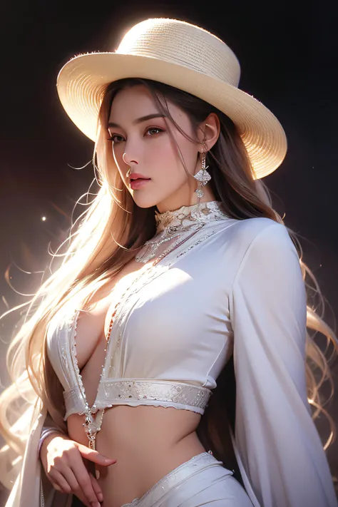 masutepiece, Highest Quality, Solo Focus, (Perfect face:1.1), (high detailing:1.1),Dramatic, 1guy, (pale skin), long voluminous braided white hair,,, White eyes, Solo, Long hair, Moon, Night, white luxury suit, White fedora hat, Covered navel, Pouty lips, ...