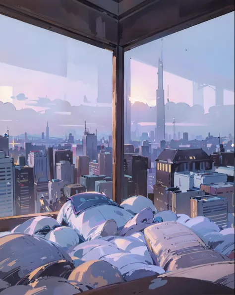 (best quality,4k,8k,highres,masterpiece:1.2),ultra-detailed,(realistic,photorealistic,photo-realistic:1.37), in front of a skyscraper window,city view, modern cityscape,long eyelashes,daytime scene,clear blue sky,bustling city streets,tall skyscrapers,refl...