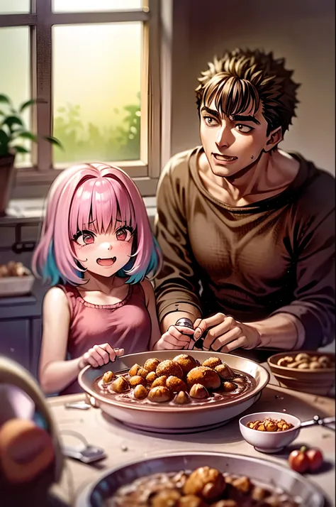 riamu yumemi,guts,couple,husband and wife,riamu motherly,house wife,cooking,mother and son,children,family,happy,(best quality,4k,8k,highres,masterpiece:1.2),ultra-detailed,(photo1.37),joyful,loving,embrace,adorable,cheerful,blissful,togetherness,warmth,sm...