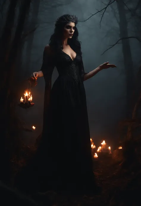 (best quality,4k,8k,highres,masterpiece:1.2),ultra-detailed,(realistic,photorealistic,photo-realistic:1.37),dark,bruxa demoniaca,witch-like figure,hovering in mid-air,emerging from a sea of flames,eerie glowing eyes,crow feathers adorning her hair,long bla...