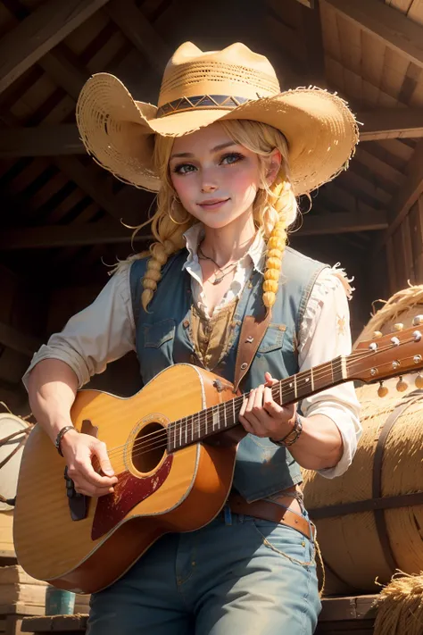 /imagine prompt: A humanized corn cob characterized as a country music singer, wearing a cowboy hat and fringed vest, holding a guitar with corn strings, in an antique barn setting with bales of hay in the background, cheerful and relaxed atmosphere, pintu...