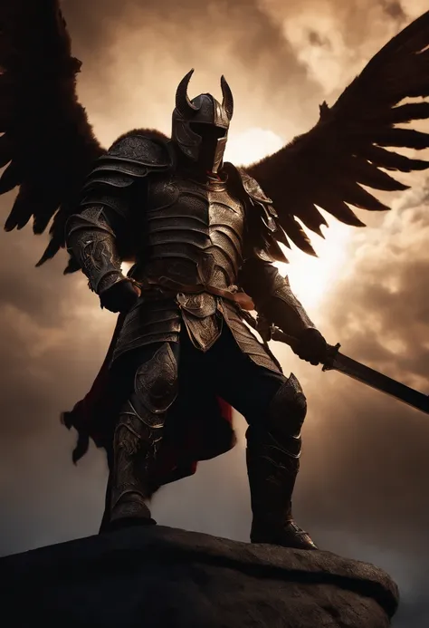 Demon knight against the heaven, winged helmet, Neoclassicism, modern, chiaroscuro, depth of field, UHD, masterpiece, high quality, super detail