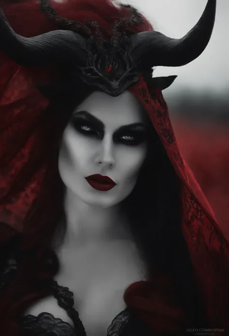 devilish presence, dark and ominous atmosphere, intense red and black colors, fiery eyes, sinister smile, horns and tail, demonic figure, hellish landscape, eerie shadows, smoky and dramatic lighting, surreal and macabre style, wicked details, high contras...