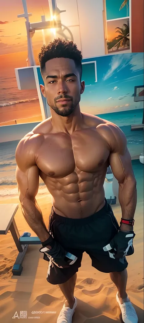 Change the background beach view sun set, generate pic body builder,dont change the face