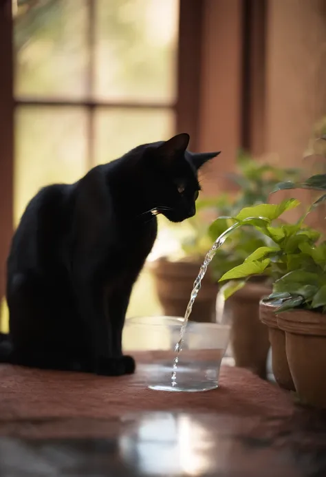 A black cat drinks water