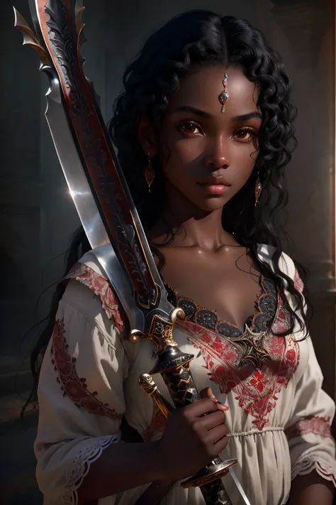 8k portrait of photo of beautiful black girl, black hair, full body, realistic, very dark natural skin, red eyes, soft sunlight, textured skin, sword in hand, intricate, elegant, highly detailed, futuristic, digital photography, (masterpiece, sidelighting,...