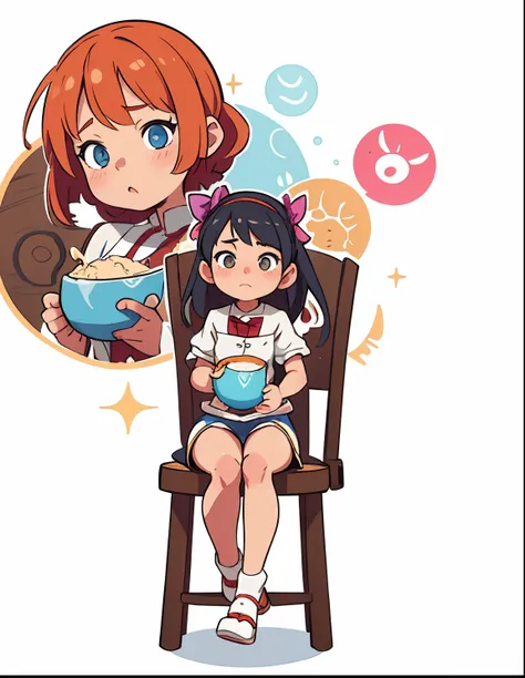 Anime girl sitting in a chair with a bowl of food in her hand, Alchemist Girl, light novel cover art, official arts, The cover of the epic light novel, official artwork, The cover of the epic light novel, loli, isekai, small curvy loli, cushart krenz, cush...