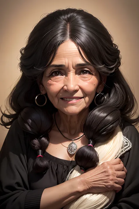 Abuela. Piel negra, rostro amable y arrugas. Cabello en rizado, canas. Ojos negros. Sonrisa leve.