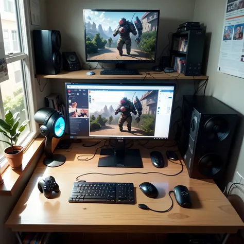 Gamer room scenario with multiple posters, monitor no facebook quarto de estudos