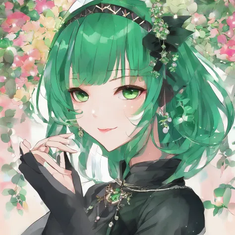 Boyish very short black hair, lipsticks, Japan woman smiling, Green Long Grove,　Emerald Tia boyish very short black hair, lipsticks, Japan woman smiling, Satin green long gloves, Green Pearl Necklace, verd s eyes, Green eyes, Long green gloves made of sati...