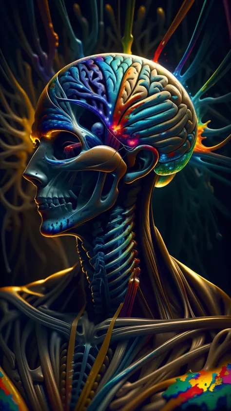 a close up painting of 3d human anatomy, highly detailed surrealism, colorful muscles, nervous system, brain, and bones glowing ...