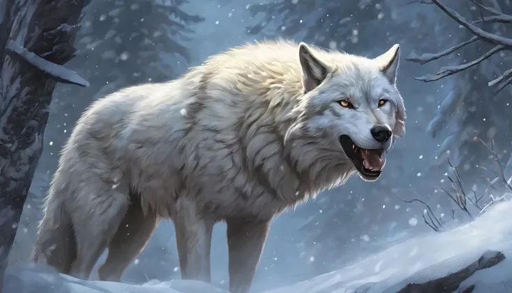 (best quality,4k,8k,highres,masterpiece:1.2),ultra-detailed,(realistic,photorealistic,photo-realistic:1.37),ferocious wolf,snowy landscape,dark and thrilling,moonlit night,pale moonlight,huge and sharp teeth,glowing yellow eyes,ferocious snarl,fierce deter...