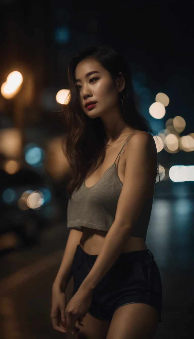 Dark night over the city, cinematic photo shoot, realistic lighting, street, Chinese girl with beautiful body, beautiful face, wearing lounge shorts, OOTD