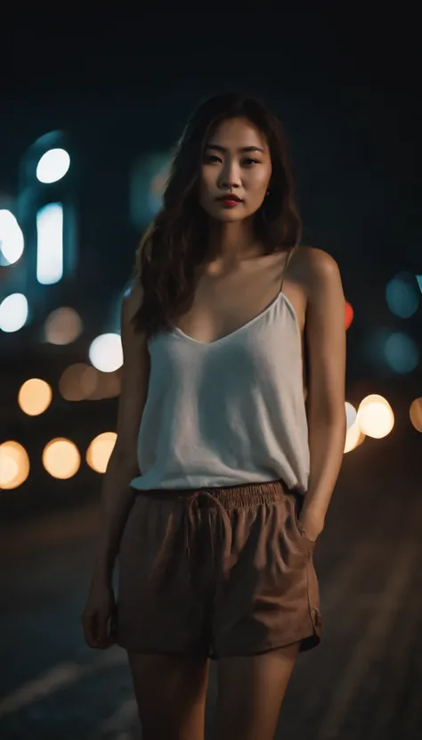 Dark night over the city, cinematic photo shoot, realistic lighting, street, Chinese girl with beautiful body, beautiful face, wearing lounge shorts, OOTD