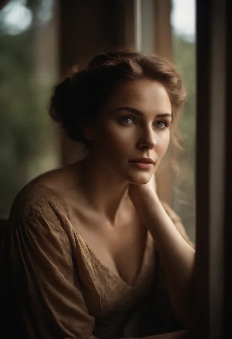 photo of a woman is sitting next to window, in the style of lisa holloway, renaissance-style, serene faces, close up, high resolution, focus on the eyes