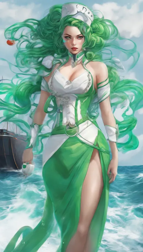 woman, Realistic character, dressed with a green and white dress, anime big breast, Alone, modern, Cyberpunk, comic style