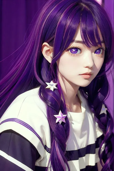 1 girl,(Ai Hoshino, Long hair, Purple hair, Striped hair ,Purple eyes, Star-shaped pupils, hair adornments) ,