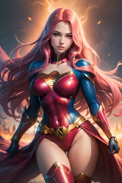 (best quality,ultra-detailed:1.2),beautiful sexy young woman,full kissable lips,long flowing pink hair,(realistic:1.37),(Marvel Comics:1.1),(DC Comics:1.1),(Phoenix Supergirl fusion), (Jean Gray Kara, Zor-El fusion), (X-MEN, Justice League fusion), breasts...