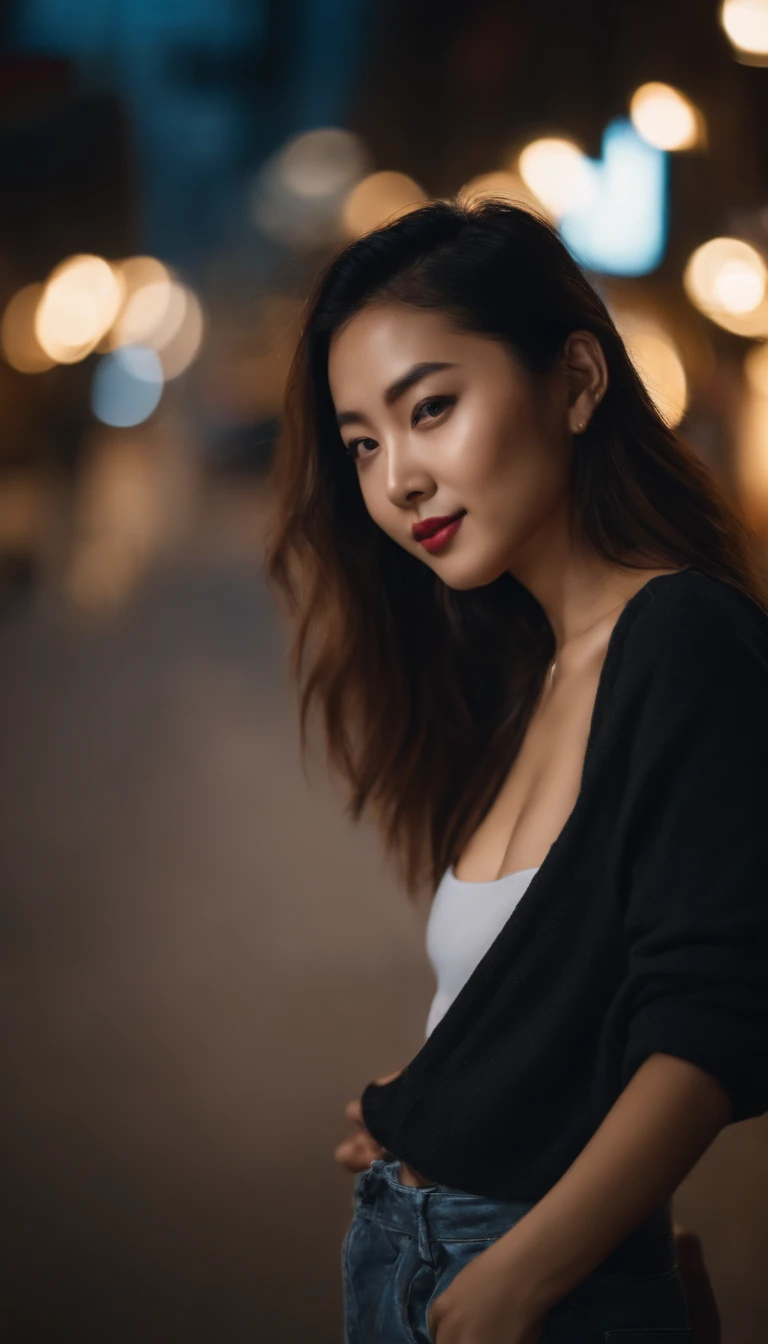 night over the city, 3 point lighting, cinematic photo shoot, realistic lighting, street, Chinese girl with beautiful body, beautiful face, wearing lounge shorts, OOTD, slim body, smiling at camera, seductive pose