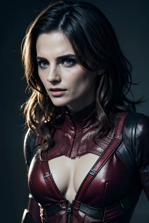 Stana Katic as Deadpool,  glowing lights, (superhero pose), (hyper realistic:1.4), (realistic:1.3), (best quality real texture skin), full body, (Cinematic Light), highly detailed skin, skin pores, (highly detailed face:1.1), (highly detailed eyes:1.1), re...