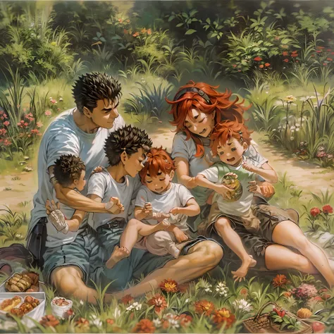 suletta, guts, couple, husband and wife, suletta motherly,  wife, mother and son, children , family, happy, red hair suletta, black hair guts, picnic garden