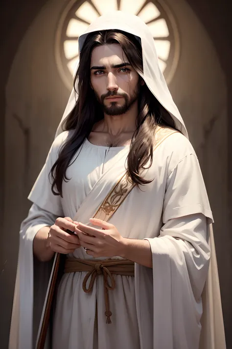 crie para mim uma imagem  de jesus cristo, alto, vestimenta branca, sem oculos, com olhos azuis, that draws attention