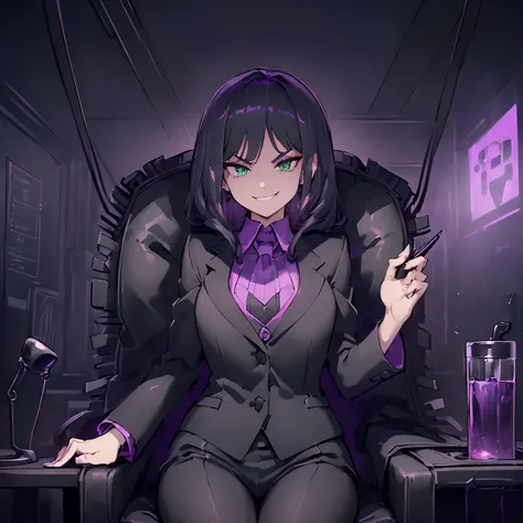 (((cheeky looking buisness woman with a devious grin, black buisness suit, black dyed hair, green eyes, small bust, making a smug and haughty expression, sitting in an office chair, dark atmosphere, dystopian, dim purple pink lighting)))