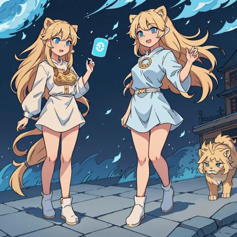 Full body,独奏,Girl enjoying music happily in town,the character is standing,full body Esbian,Blonde and long-haired girls with habits,Blue eyes,Ears of a lion-like beast, Lineless, an alien, Anoledo Rendering,Lightwave, A wavy ethereal presence, octan rende...