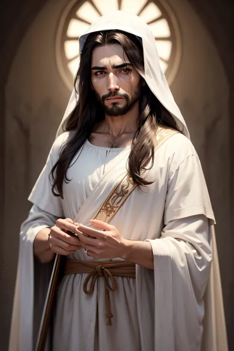 crie para mim uma imagem  de jesus cristo, alto, vestimenta branca, sem oculos, com olhos azuis, that draws attention