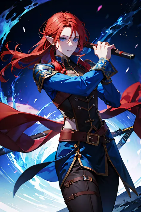 Muscular elf male combat mage, with red hair, blue eyes, in leather armor, in the hands of a combat scythe