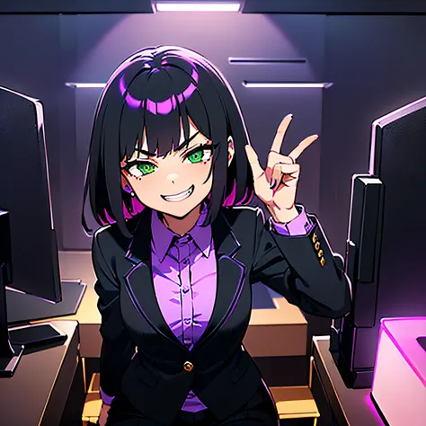 (((cheeky looking buisness woman with a devious grin, black buisness suit, black dyed hair, green eyes, small bust, making a smug and haughty expression, sitting in an office chair, dark atmosphere, dystopian, dim purple pink lighting)))