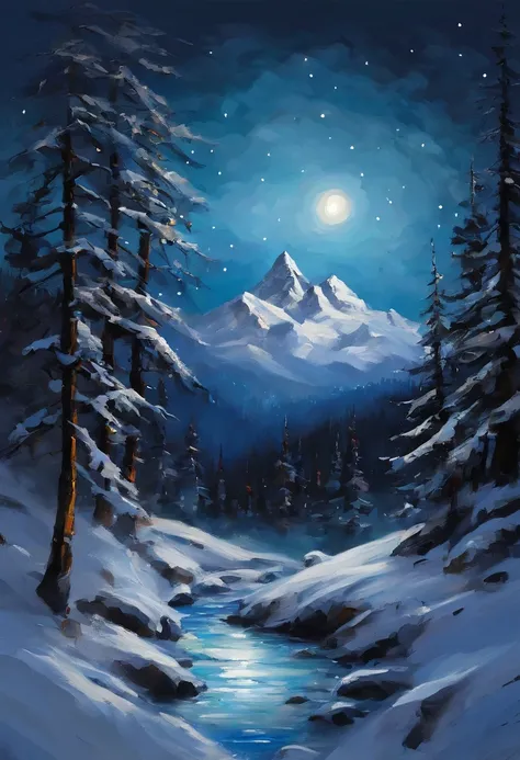 Snowy mountain night with snowy coniferous forest at the foot of the mountain。Full Moon and Many Stars