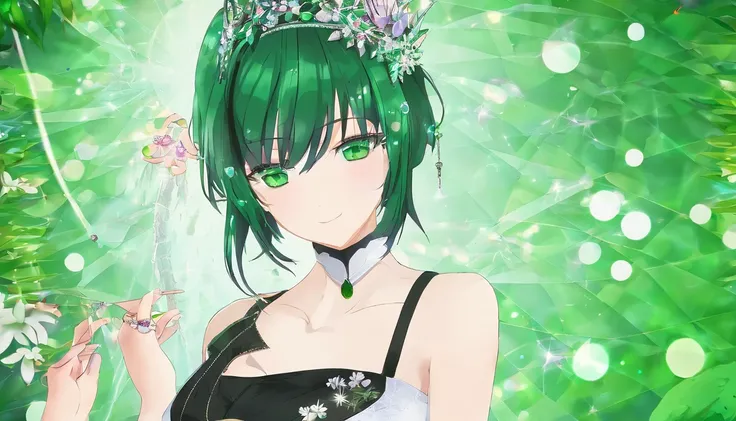 Boyish very short black hair, lipsticks, Japan woman smiling, Green Long Grove,　Emerald Tia boyish very short black hair, lipsticks, Japan woman smiling, Satin green long gloves, Green Pearl Necklace, verd s eyes, Green eyes, Long green gloves made of sati...