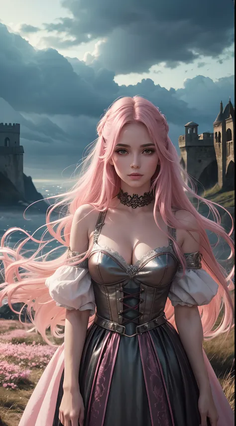 Uma mulher de olhos verdejantes, cabelo rosa. Shes standing looking at the horizon. E em um vestido glamouroso. Medieval setting, magia, realista, alta resolução. Dark and magical scenery. qualidade perfeita. The hair is moving because of the wind. Scenery...