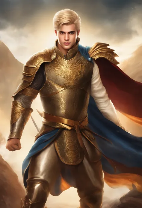 Best quality, masterpiece, ultra high resolution, white background, realistic, hadesstyle, retracted from a 16-year-old prince on the battlefield, short blonde hair, amber eyes, Imperial Prince armor, cape, depth of field kalki 10 th avatar or lord vishnu ...