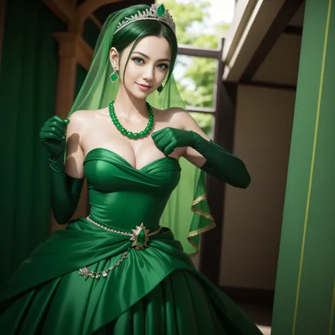 emerald tiara, Green Pearl Necklace, Boyish very short green hair, lipsticks, Japan woman smiling, very short short hair, fist, big breasts beautiful, Green eyes, Long green gloves made of satin material, Green eyes, Emerald Earrings