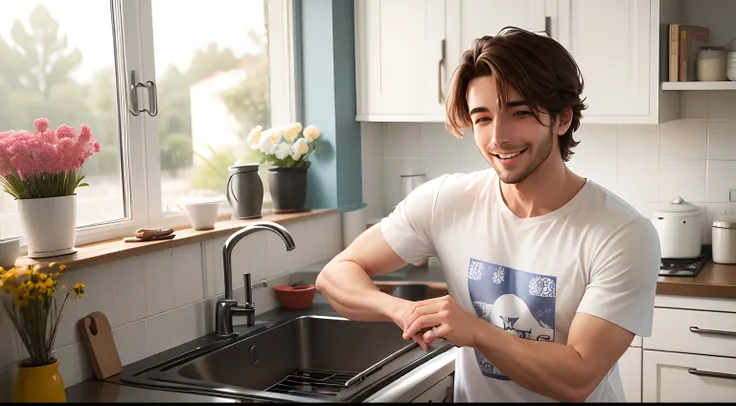 hombre de remera blanca sonriendo con ramo de flores en una cocina