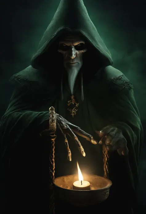 Crie um desenho aterrorizante de um bruxo bruxo. This wizard is a being of darkness, his face is skeletal, com olhos afundados e sem pupila, apenas uma chama ardente. Their skin is stretched like parchment and covered in mysterious runes that seem to move....