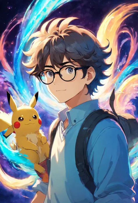 Homem jovem, with wavy hair and black glasses, com 1 8 anos, no universo de Pokemon