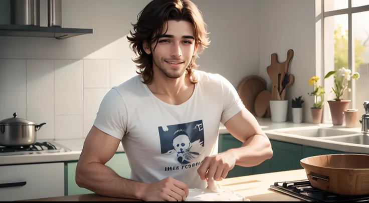 hombre de remera blanca sonriendo con ramo de floresen la mano, en una cocina