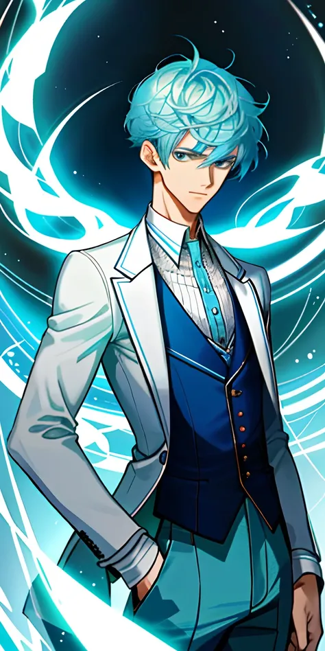 A handsome guy with light blue hair，25 age old，short detailed hair，The clothes are white，With some blue color，There is a small button on the chest，Dressed in a very technological style，There is a mechanism on the right-hand side，Much like cuffs