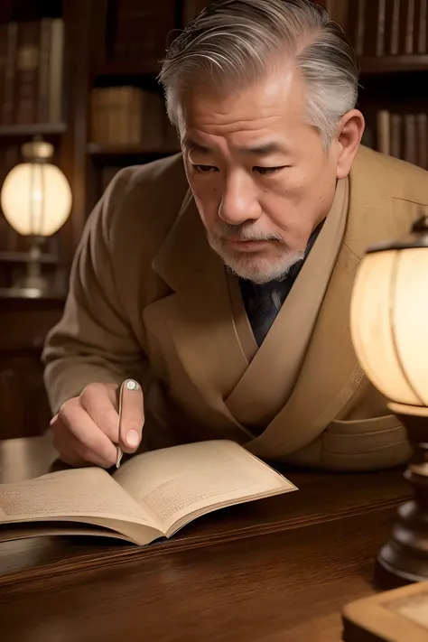 (best quality,4k,8k,highres,masterpiece:1.2),ultra-detailed,(realistic,photorealistic,photo-realistic:1.37),full body shot of japanese aged man,librarian,reading ancient book in very dark library, lighted by only few old lamps