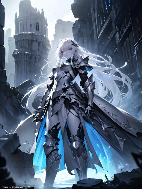 (Masterpiece, Best quality, ultra high resolution),1girl,(colored skin, white skin), silver skin,very long hair,beautiful and detailed face, detailed eyes,armor,dress,armored dress,in the ancient ruin,in the cave,night,((grey and blue theme)), looking at v...