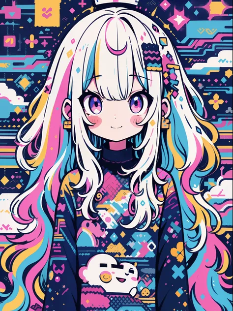 hightquality、Colorful color palette、high-level image quality、Kawaii Girl、Unprecedented amount of drawing、anime styled、Geometric pattern background、front facing、sticker style、Long hair、light blue hair、purple eyes