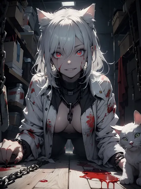 masterpiece, best quality, 1 girl, supine, lying  on the floor, pale skin, messy hair, red eyes, glowing eyes, creepy, creepy sm...